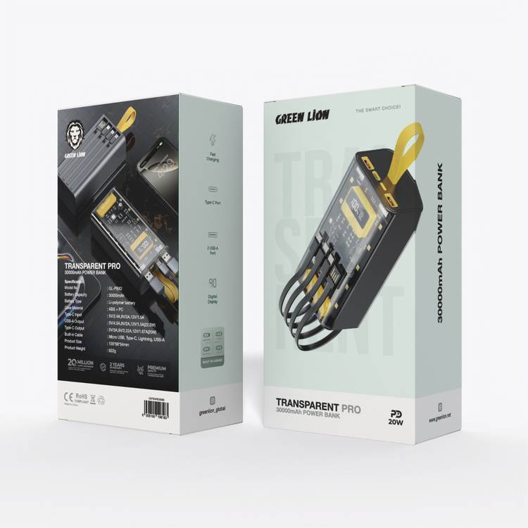 Green Lion Transparent Pro Power Bank 30000 mAh, PD 20W, Fast Charging, Micro & Type-C & Lightning & USB- A Built-in Cables, Digital Display - Black / Yellow