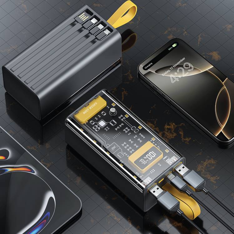 Green Lion Transparent Pro Power Bank 30000 mAh, PD 20W, Fast Charging, Micro & Type-C & Lightning & USB- A Built-in Cables, Digital Display - Black / Yellow