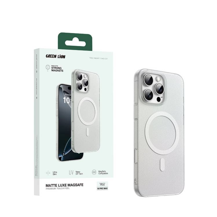 Green Lion Matte Luxe Magsafe Case for iPhone 16 Pro Max, Ultra Slim , Strong Magnets, Nano UV Tech - White