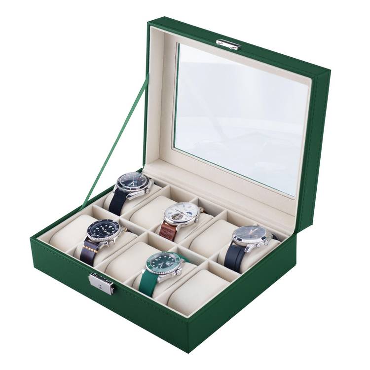 Green Lion classic Watch Box 10 Slots with Glass, Lightweight & Portable, Elegant Appearance, Metal Push Button, 10 Pillow-lined Spaces - Green