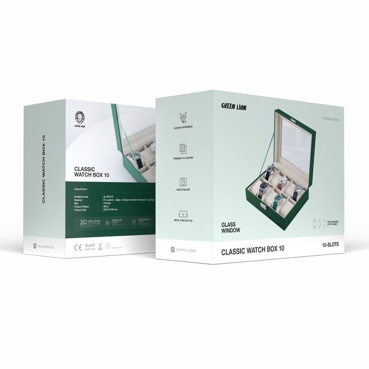 Green Lion classic Watch Box 10 Slots with Glass, Lightweight & Portable, Elegant Appearance, Metal Push Button, 10 Pillow-lined Spaces - Green