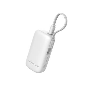 Powerology 5000mAh Power Bank with Removable USB-C Wire, Advanced Charging Technology, 2-Device Charging, Compact & Portable, Built-in Safeguards, 20W Power Delivery - White