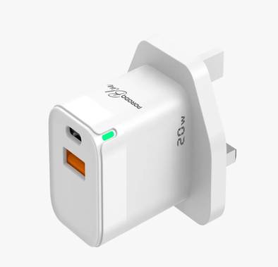 Porodo Blue Ultra-Quick Charger with 1M Type-C to C Cable Included, USB-A & USB-C, 20 w, Output Current 3 A, Output Voltage 5 V, Multi Device Charging, Fast Charge Support - White