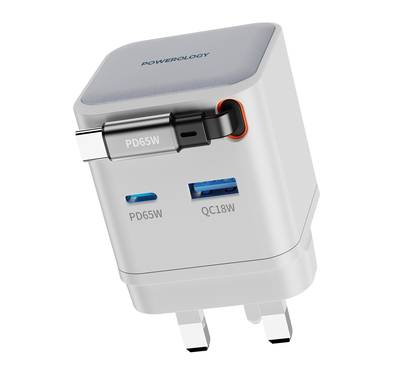 Powerology Dual Port Retractable GaN Charger, Built-in Safeguards, 3-Device Charging, 65W Power Delivery, Fire Proof Material, Patented Design, 75cm Retractable Type-C Cable - White