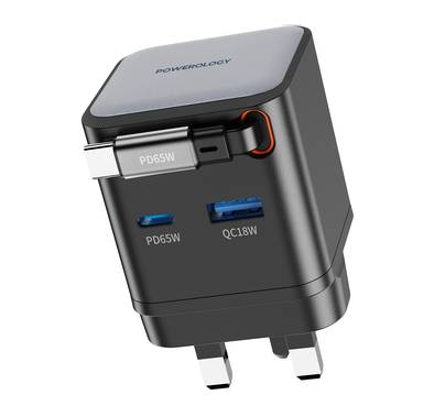Powerology Dual Port Retractable GaN Charger, Built-in Safeguards, 3-Device Charging, 65W Power Delivery, Fire Proof Material, Patented Design, 75cm Retractable Type-C Cable - Black