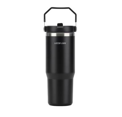 Green Lion Vacuum Tumbler with 900mL Capacity, Stainless Steel Material, Double-Wall Vacuum Insulation, Flip Straw Lid, Portable Handle, Food-Grade Material - Black