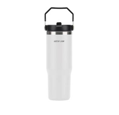 Green Lion Vacuum Tumbler with 900mL Capacity, Stainless Steel Material, Double-Wall Vacuum Insulation, Flip Straw Lid, Portable Handle, Food-Grade Material - White