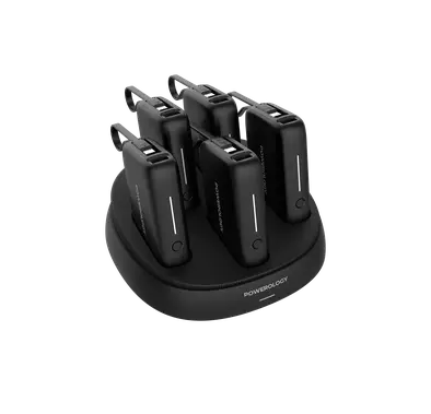 Powerology 5 x 10000mAh Power Bank Station with 50W PD, USB-A, USB-C, Type-C Built-in Cable, 12V/1A Max Contact Input, Rapid Recharging Station, High-Density Batteries, Type-C Built-in Cable, 5V/3A Total Output, Built-in Safeguards - Black