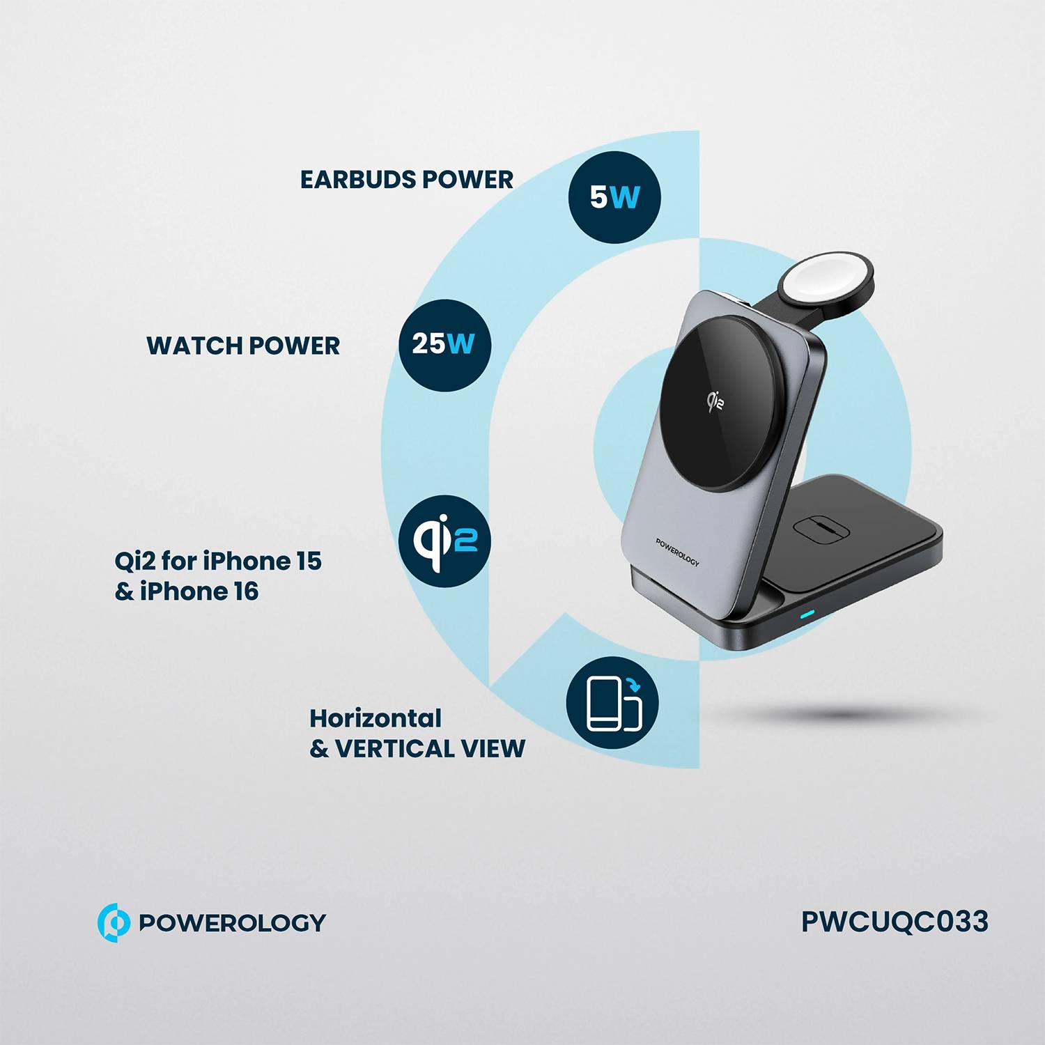 Powerology 3-in-1 Foldable Wireless Magnetic Charging Hub, Fast Charging, Multi-Device, Horizontal & Vertical View, Type-C Input Interface, Lightweight & Portable, Qi2 for iPhone 15 & 16, 15W Magsafe Power, 2.5W Watch Power, 5W Earbuds Power, 9V/3A & 12V3A Input, Foldable Design - Black