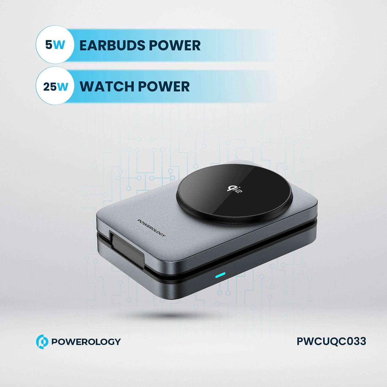 Powerology 3-in-1 Foldable Wireless Magnetic Charging Hub, Fast Charging, Multi-Device, Horizontal & Vertical View, Type-C Input Interface, Lightweight & Portable, Qi2 for iPhone 15 & 16, 15W Magsafe Power, 2.5W Watch Power, 5W Earbuds Power, 9V/3A & 12V3A Input, Foldable Design - Black