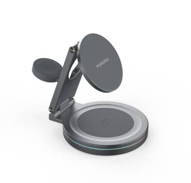 Porodo Rotating Base Three-Device Wireless Charger with 15W Wireless Output, Folding Design, Fast Charging, Type-C Input Interface, Lightweight & Portable - Gray