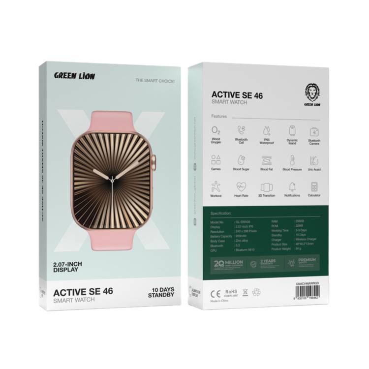 Green Lion Active SE 46 Smart Watch, 200mAh Battery Capacity, 10 Days Standby, Wireless Charger, Bluetooth Version 5.3 - Rose Gold & Pink Strap