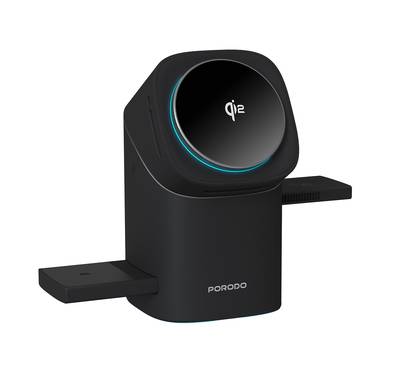 Porodo 3-in-1 Wireless Charger,  Auto Rotation, Type-C Charging Interface, Auto-Slide Modular - Black