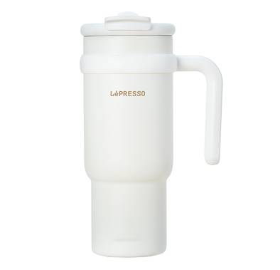 LePresso Coffee Mug with Stainless Straw, 900mL Capacity, Durable Stainless Steel Material, Dual Drink Mode, Lightweight - White