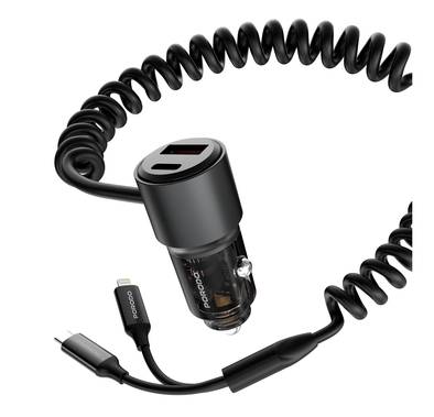 Porodo 95W Car Charger, USB-A & C Ports, 12-24V Input, 1.5m Spring Coiled Cable, Integrated USB-C & Lightning Cables - Black