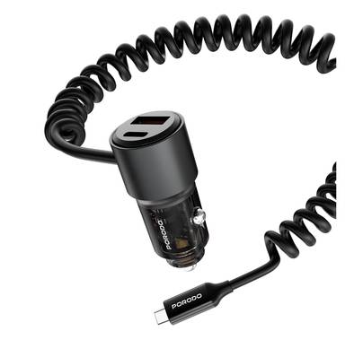 Porodo 110W Car Charger, USB-A+C Ports, 12-24V Input, 1.5m Spring Coiled Cable, Integrated USB-C Cable - Black