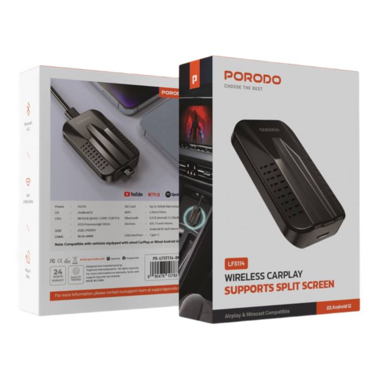 Porodo Wireless Carplay with Supports Split Screen, Bluetooth Version 5.2, Up to 128GB SD Card, Type-C USB Interface - Black