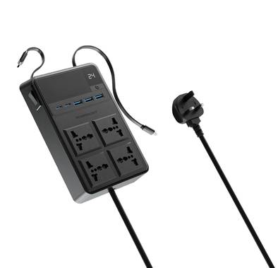 Powerology 2500W Power Strip with 4 AC Sockets & Built-in Retractable Cables, 5 USB Ports, USB-C & Lightning Outputs, Built-in Safeguards, Fire-Proof Material, 24H Timer, Simultaneous Charging, 70cm Cables Length & 3m Power Cord Length - Black