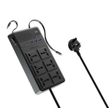 Powerology 2500W Power Strip with 6 AC Sockets & Built-in Retractable Cables, 5 USB Ports, USB-C & Lightning Outputs, Built-in Safeguards, Fire-Proof Material, 24H Timer, Simultaneous Charging, 70cm Cables Length & 3m Power Cord Length - Black