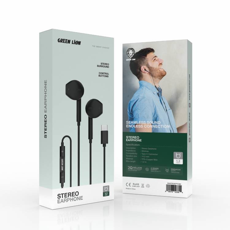 Green Lion Wired Stereo Earphones Type-C Connector, 1.2m Cable Length, Durable Material, 14.2mm Speaker Size - Black