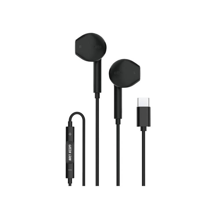 Green Lion Wired Stereo Earphones Type-C Connector, 1.2m Cable Length, Durable Material, 14.2mm Speaker Size - Black