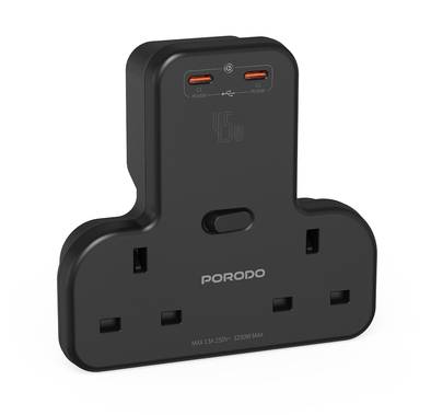Porodo Multi-Port Wall Socket with 2 Type-C Outputs, Simultaneous Charging, 45W Power Delivery, Lightweight & Portable, 3250W Power - Black