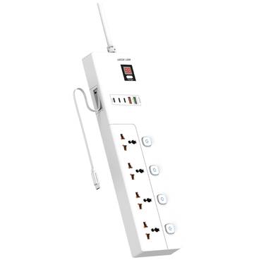Green Lion GS-800 Power Socket 2M 3500W, Fire Retardant PC Material, 4 AC Sockets, 2 USB-A, 3 USB-C, UK Plug Outlets, Child Safety Door, Digital  Timer Display - White