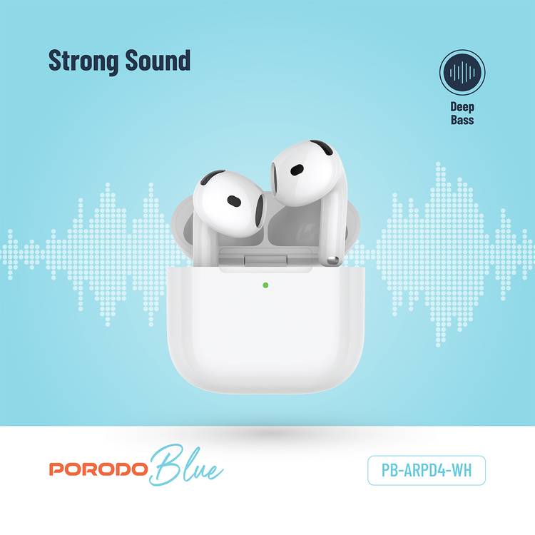 Porodo Blue ENC Earbuds 4 with 20 Hours Working Time, Wireless Charging, Deep Bass, Touch Control - White