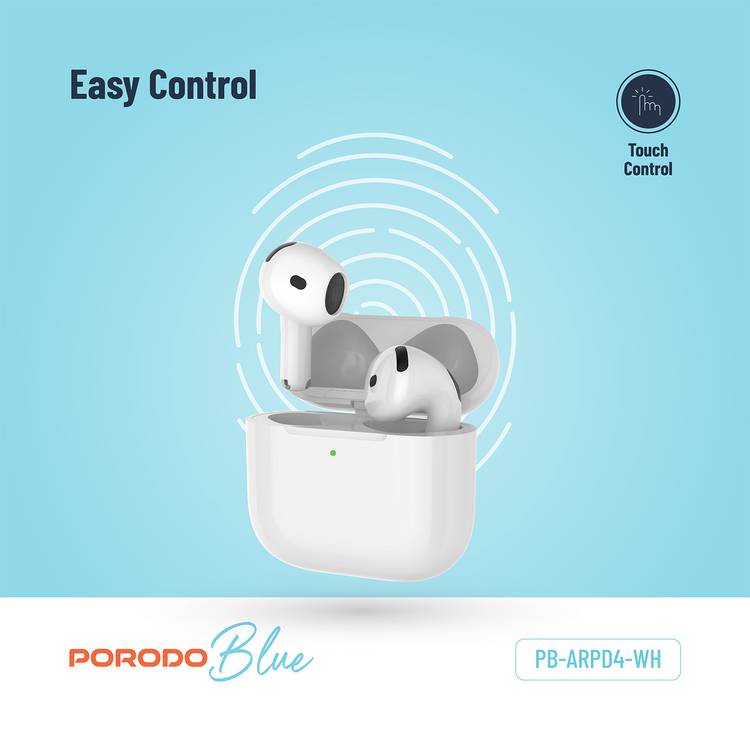 Porodo Blue ENC Earbuds 4 with 20 Hours Working Time, Wireless Charging, Deep Bass, Touch Control - White