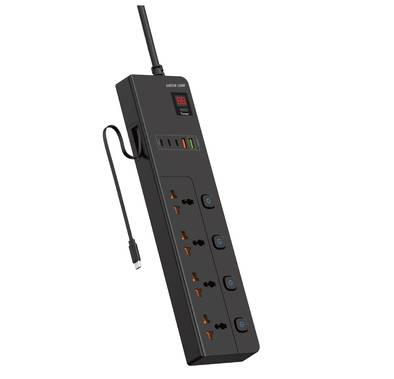 Green Lion GS-800 Power Socket 2M 3500W, Fire Retardant PC Material, 4 AC Sockets, 2 USB-A, 3 USB-C, UK Plug Outlets, Child Safety Door, Digital  Timer Display - Black