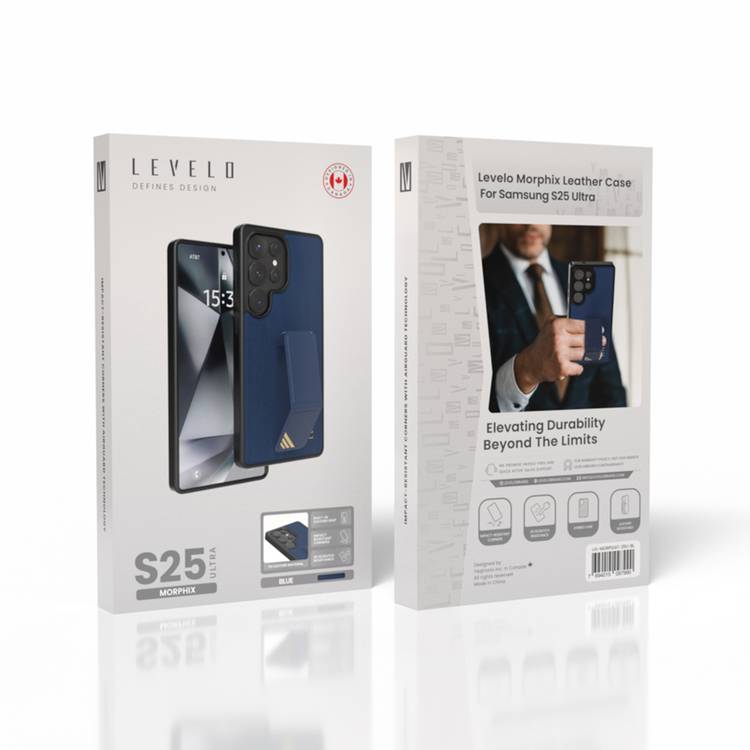 Levelo Morphix PU Leather Case for Samsung Galaxy S25 Ultra, Built-in Leather Kickstand, Scratch-Resistant, Impact-Resistant Corners, Hybrid Case - Blue