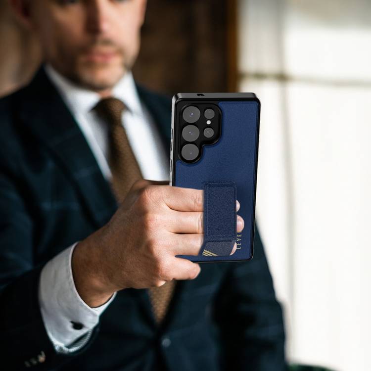 Levelo Morphix PU Leather Case for Samsung Galaxy S25 Ultra, Built-in Leather Kickstand, Scratch-Resistant, Impact-Resistant Corners, Hybrid Case - Blue
