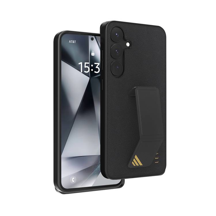 Levelo Morphix PU Leather Case for Samsung Galaxy S25 Plus, Built-in Leather Kickstand, Scratch-Resistant, Impact-Resistant Corners, Hybrid Case - Black