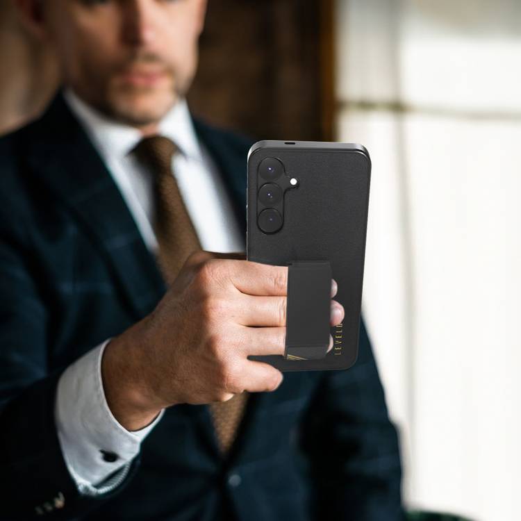 Levelo Morphix PU Leather Case for Samsung Galaxy S25 Plus, Built-in Leather Kickstand, Scratch-Resistant, Impact-Resistant Corners, Hybrid Case - Black