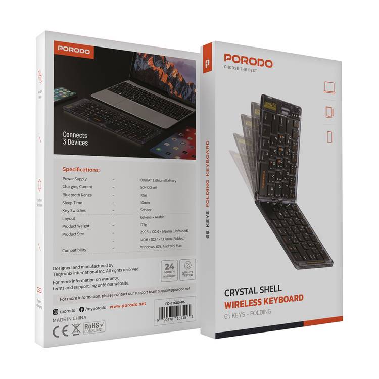 Porodo Crystal Shell Wireless Keyboard, Transparent, Bluetooth Connection, Foldable, 65 Keys + Arabic Layout, 80mAh Lithium Battery, Scissor Key Switches, Compatible with Windows, iOS, Android, Mac - Black