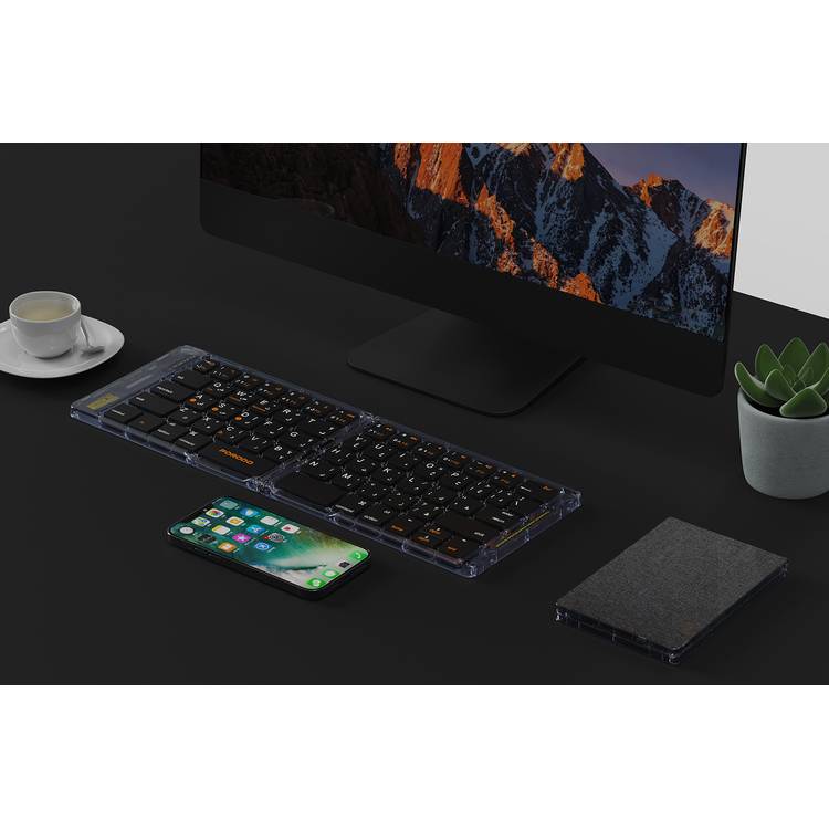 Porodo Crystal Shell Wireless Keyboard, Transparent, Bluetooth Connection, Foldable, 65 Keys + Arabic Layout, 80mAh Lithium Battery, Scissor Key Switches, Compatible with Windows, iOS, Android, Mac - Black