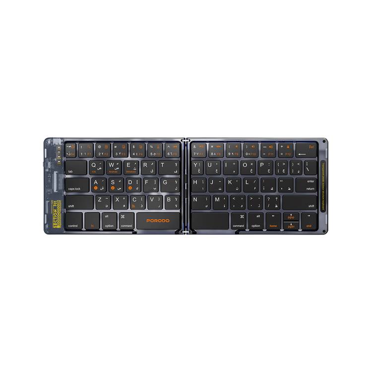 Porodo Crystal Shell Wireless Keyboard, Transparent, Bluetooth Connection, Foldable, 65 Keys + Arabic Layout, 80mAh Lithium Battery, Scissor Key Switches, Compatible with Windows, iOS, Android, Mac - Black