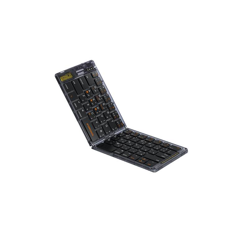 Porodo Crystal Shell Wireless Keyboard, Transparent, Bluetooth Connection, Foldable, 65 Keys + Arabic Layout, 80mAh Lithium Battery, Scissor Key Switches, Compatible with Windows, iOS, Android, Mac - Black