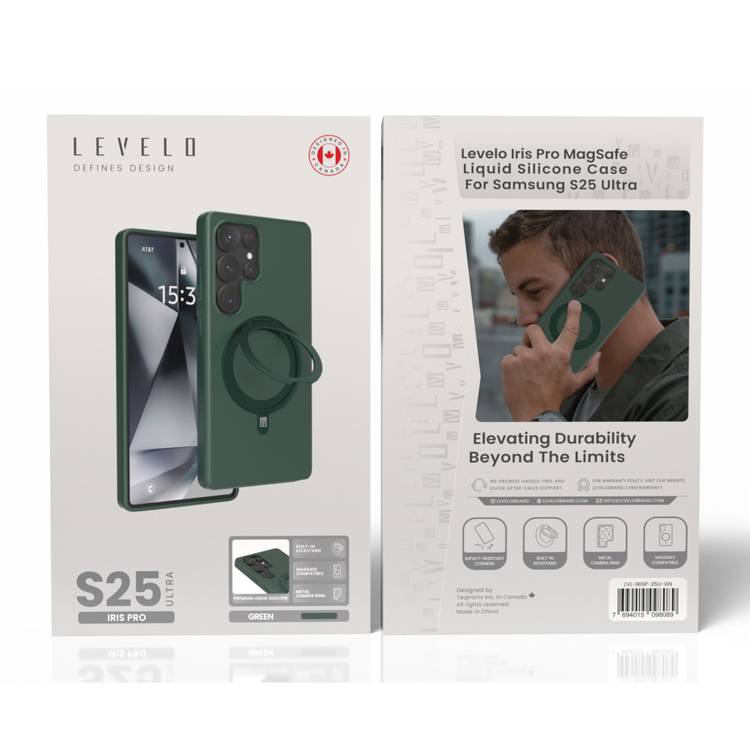 Levelo Iris Pro Liquid Silicone Case with Magsafe Compatibility for Samsung Galaxy S25 Ultra, Built-in Kickstand, Premium Liquid Silicone, Impact-Resistant Corners - Green