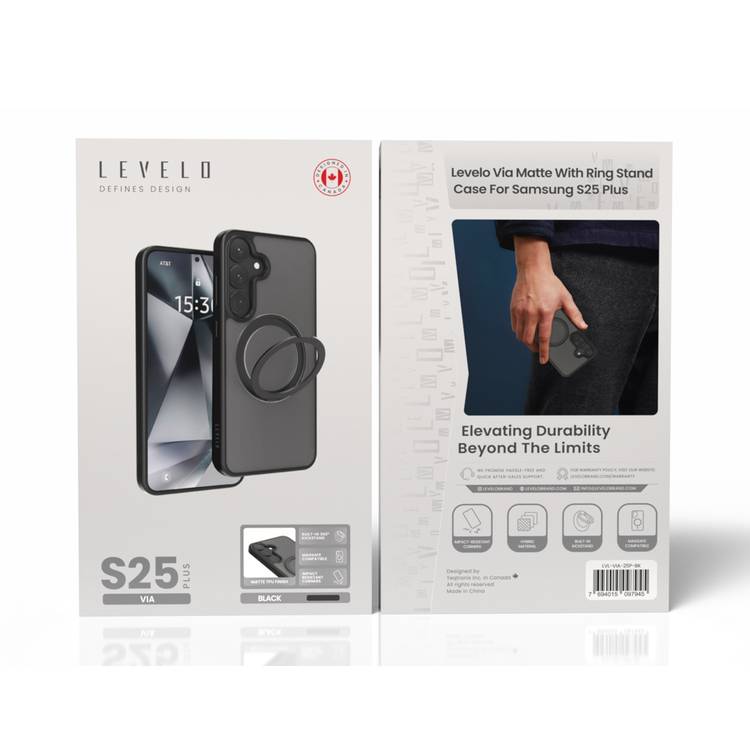 Levelo Via Case with 360° Ring Stand for Samsung Galaxy S25 Plus, MagSafe Compatibility, Hybrid Material with Matte TPU Finish, Impact-Resistant Corners - Black