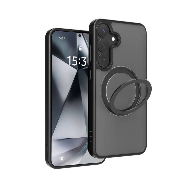 Levelo Via Case with 360° Ring Stand for Samsung Galaxy S25 Plus, MagSafe Compatibility, Hybrid Material with Matte TPU Finish, Impact-Resistant Corners - Black