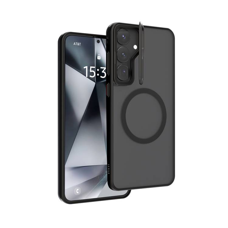 Levelo Elio Case for Samsung Galaxy S25 Plus with MagSafe Compatibility, Metal Camera Ring, Built-in Kickstand, Ultra-Thin Design, Anti-Yellowing - Black