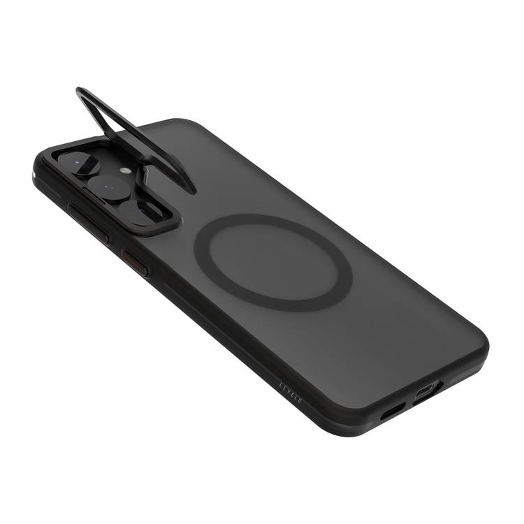 Levelo Elio Case for Samsung Galaxy S25 Plus with MagSafe Compatibility, Metal Camera Ring, Built-in Kickstand, Ultra-Thin Design, Anti-Yellowing - Black
