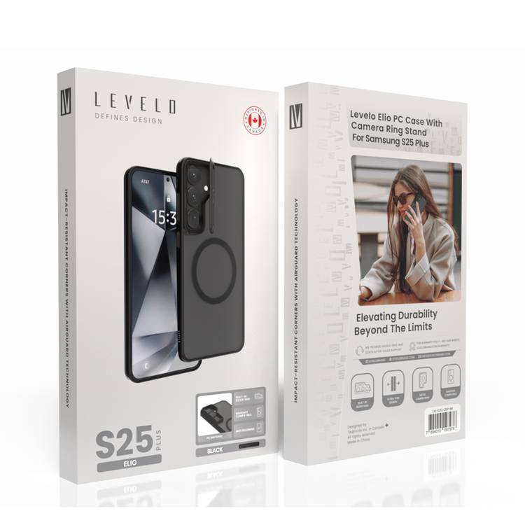 Levelo Elio Case for Samsung Galaxy S25 Plus with MagSafe Compatibility, Metal Camera Ring, Built-in Kickstand, Ultra-Thin Design, Anti-Yellowing - Black