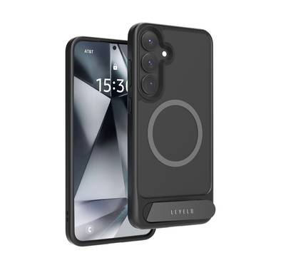 Levelo Matteo Case with Built-in Kickstand for Samsung Galaxy S25 Plus, Impact-Resistant Corners, MagSafe Compatible, Anti-Fingerprint, TPU & PC Material - Black