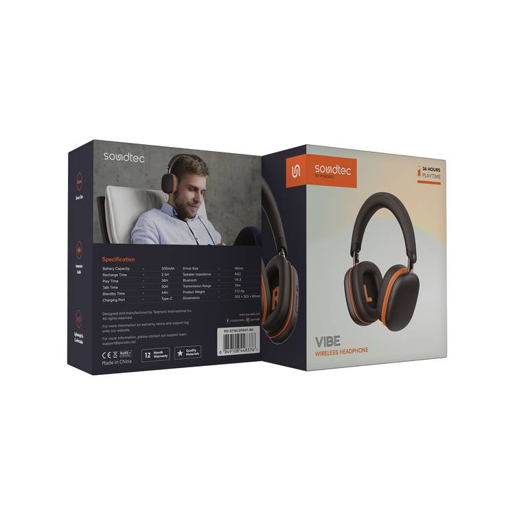 Porodo Soundtec Vibe Wireless Headphones with 36 Hours Play Time, Bluetooth Version 5.3, 2.5 Hours Charging Time, Type-C Charging Port - Black