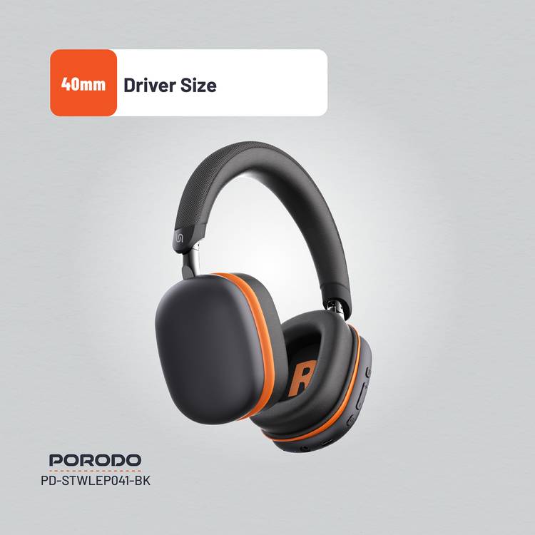 Porodo Soundtec Vibe Wireless Headphones with 36 Hours Play Time, Bluetooth Version 5.3, 2.5 Hours Charging Time, Type-C Charging Port - Black