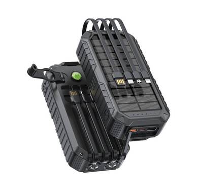 Green Lion Solar Mate Power Bank, ABS + PC + Fireproof V0 Material, 20000mAh Battery Capacity, 4 Built-in Cables, Dual Flashlights - Black