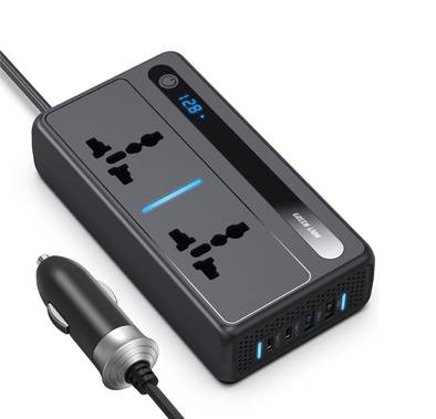 Green Lion GC-250 Car Inverter with 200W Power, Built-in Cooling Fan, LED Display, 2 Universal Sockets, Breathing Lights, 53cm Power Cord, Multiple Protection - Black