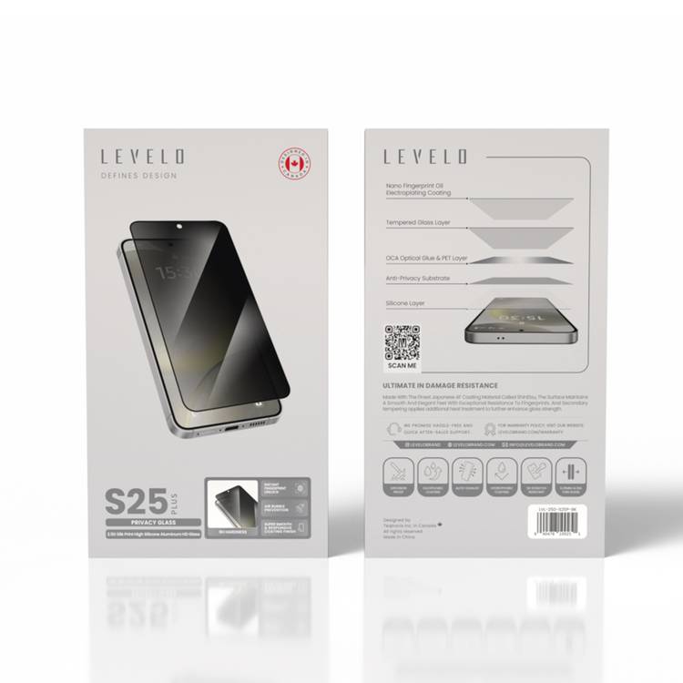 Levelo 2.5D Silk Print HD Privacy Glass for Samsung Galaxy S25 Plus, High Silicone Aluminum, 0.25mm Ultra Thin, Scratch-Resistant, Oleophobic & Hydrophobic Coating, Instant Fingerprint Unlock, Air Bubble Prevention, Explosion- Proof, Auto-Exhaust - Black
